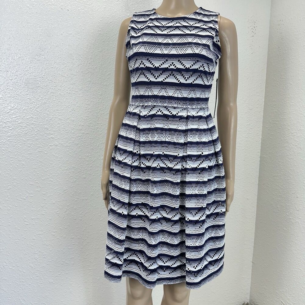Marc New York Dress Navy Blue Striped Eyelets Coastal Nautical Soft Jersey Knit